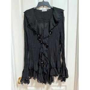 Black Avant Garde Whimsigoth Fairy Grunge Romantic Ruffle Lace 2X Crinkle Top